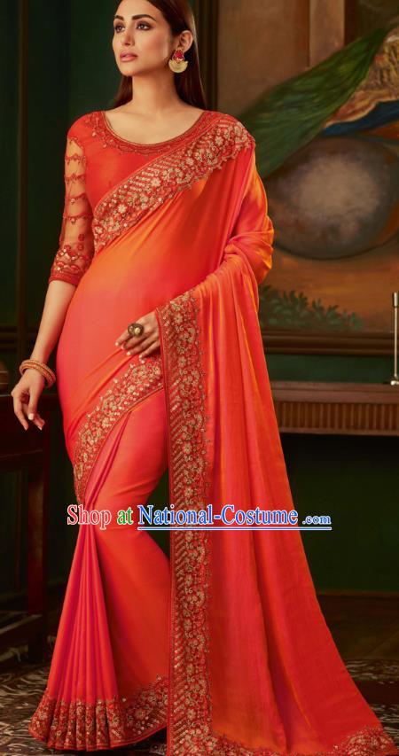 Asian India Bollywood Orange Silk Saree Dress Asia Indian National Festival Dance Costumes Traditional Court Female Blouse and Sari Full Set