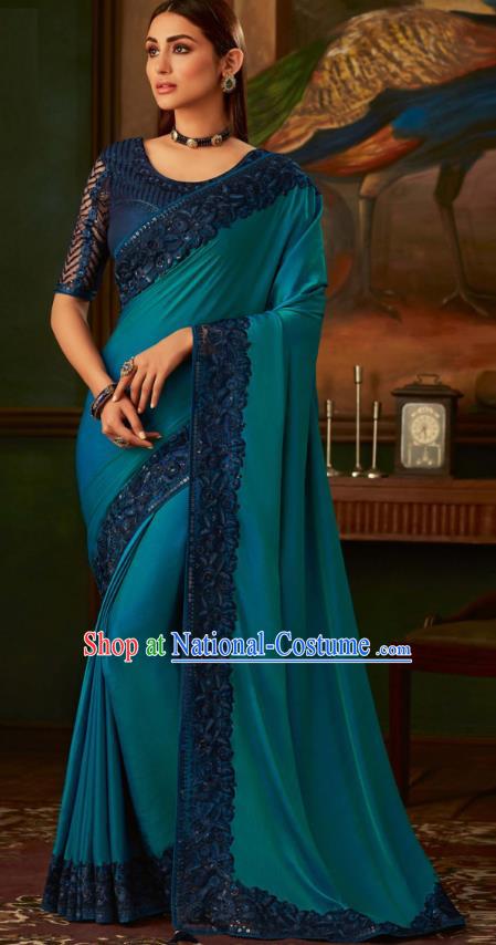 Asian India Bollywood Blue Silk Saree Dress Asia Indian National Festival Dance Costumes Traditional Court Female Blouse and Sari Full Set