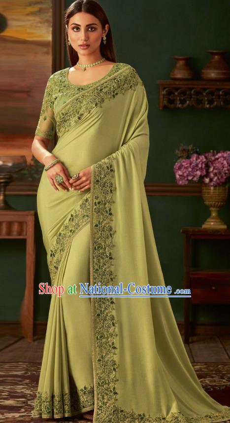 Asian India Bollywood Light Green Silk Saree Dress Asia Indian National Festival Dance Costumes Traditional Court Female Blouse and Sari Full Set