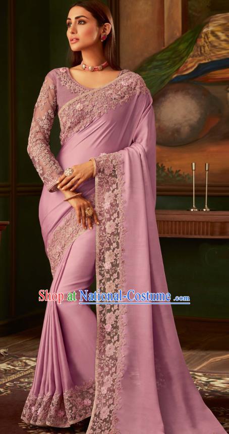 Asian India Bollywood Lilac Silk Saree Dress Asia Indian National Festival Dance Costumes Traditional Court Female Blouse and Sari Full Set