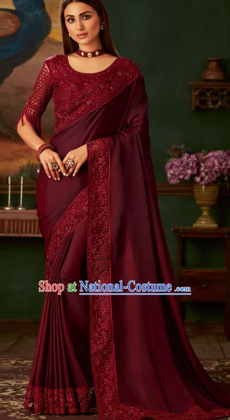 Asian India Bollywood Maroon Silk Saree Dress Asia Indian National Festival Dance Costumes Traditional Court Female Blouse and Sari Full Set