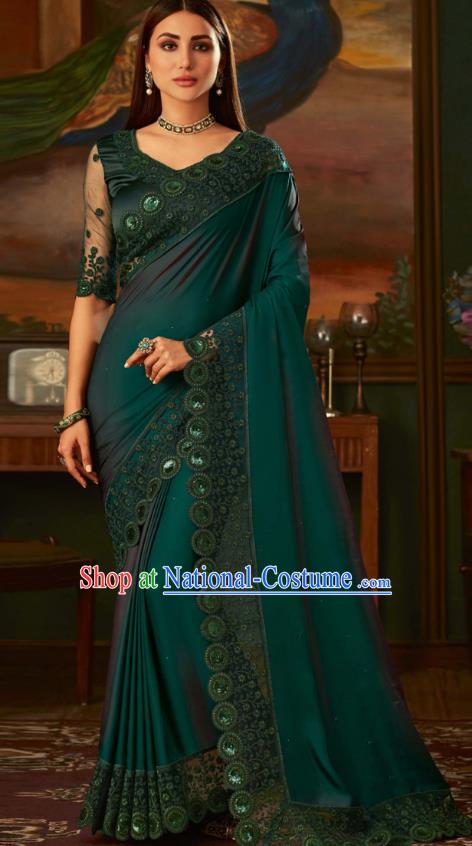 Asian India Bollywood Dark Green Silk Saree Dress Asia Indian National Festival Dance Costumes Traditional Court Female Blouse and Sari Full Set