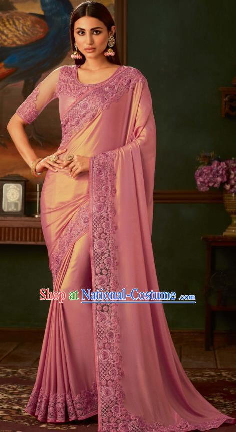 Asian India Bollywood Pink Silk Saree Dress Asia Indian National Festival Dance Costumes Traditional Court Female Blouse and Sari Full Set