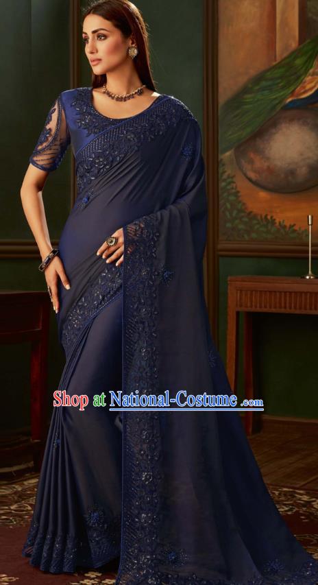 Asian India Bollywood Navy Blue Silk Saree Dress Asia Indian National Festival Dance Costumes Traditional Court Female Blouse and Sari Full Set