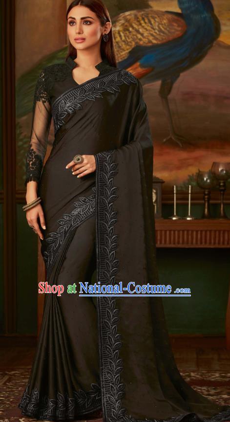 Asian India Bollywood Black Silk Saree Dress Asia Indian National Festival Dance Costumes Traditional Court Female Blouse and Sari Full Set