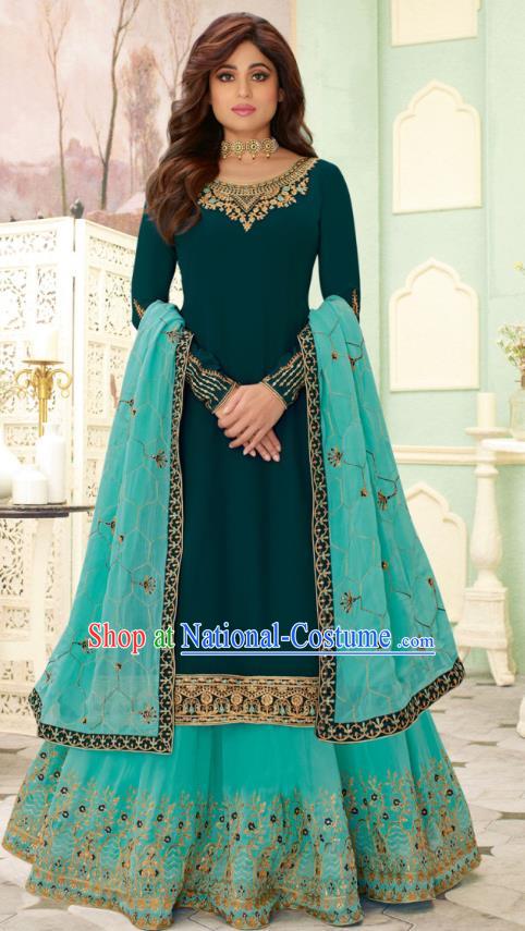 Asian India Traditional Lehenga Costumes Asia Indian National Folk Dance Peacock Green Georgette Sari Dress and Blue Skirt Complete Set