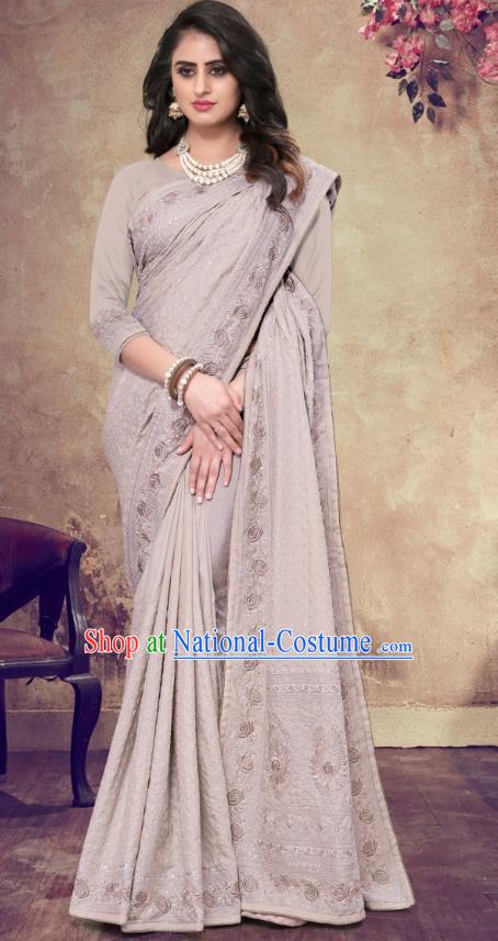 Asian India Festival Bollywood Grey Georgette Saree Dress Asia Indian National Dance Costumes Traditional Court Princess Blouse and Sari Full Set