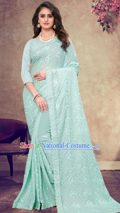 Asian India Festival Bollywood Lake Blue Georgette Saree Dress Asia Indian National Dance Costumes Traditional Court Princess Blouse and Sari Full Set