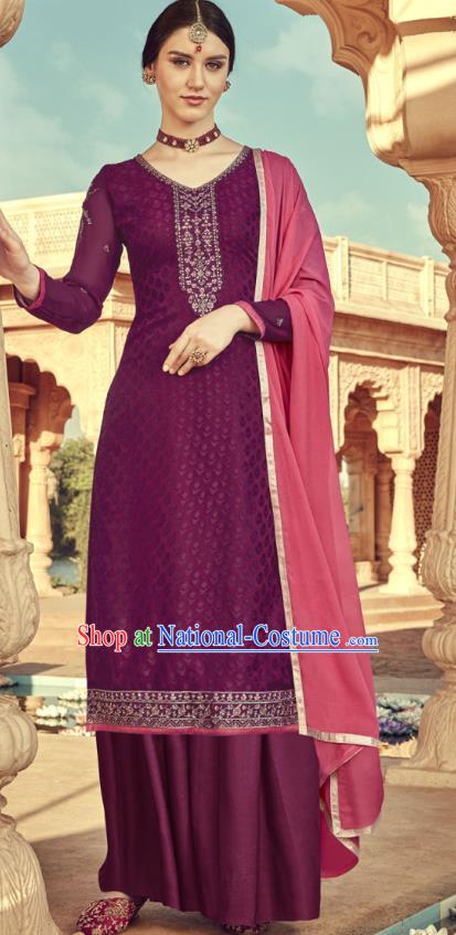 Asian India Traditional Suits Costumes Asia Indian National Folk Dance Purple Viscose Long Blouse and Loose Pants Shawl Complete Set