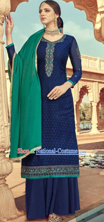 Asian India Traditional Suits Costumes Asia Indian National Folk Dance Navy Viscose Long Blouse and Loose Pants Shawl Complete Set