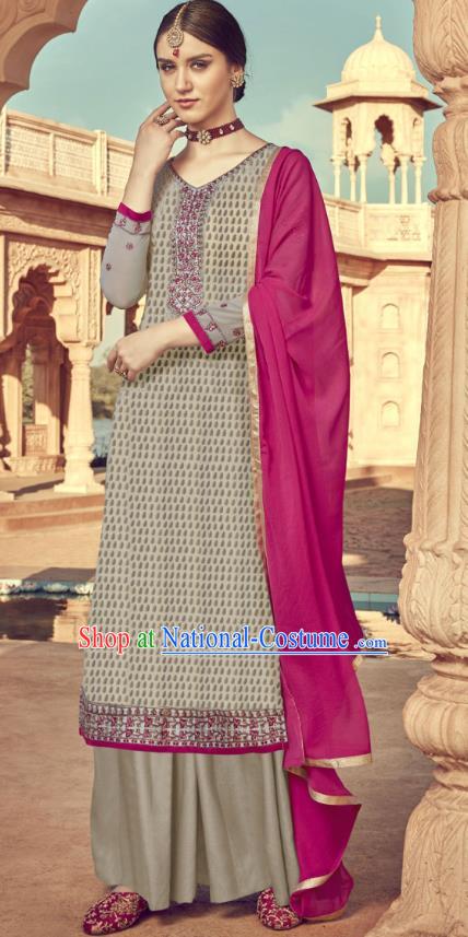 Asian India Traditional Suits Costumes Asia Indian National Folk Dance Gray Viscose Long Blouse and Loose Pants Shawl Complete Set