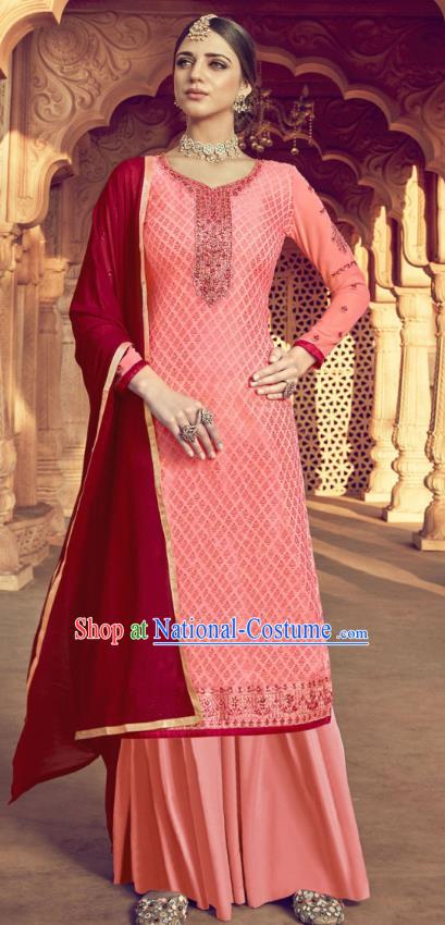 Asian India Traditional Suits Costumes Asia Indian National Folk Dance Pink Viscose Long Blouse and Loose Pants Shawl Complete Set