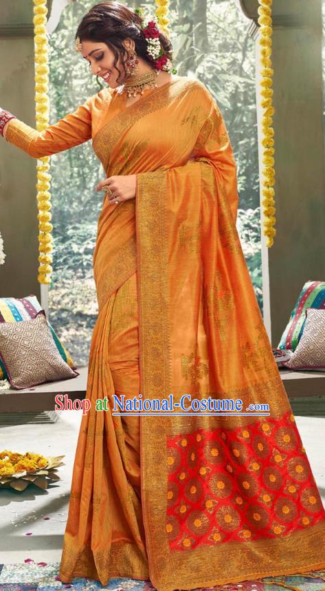 Asian India National Bollywood Orange Silk Saree Costumes Asia Indian Bride Traditional Blouse and Sari Dress for Women