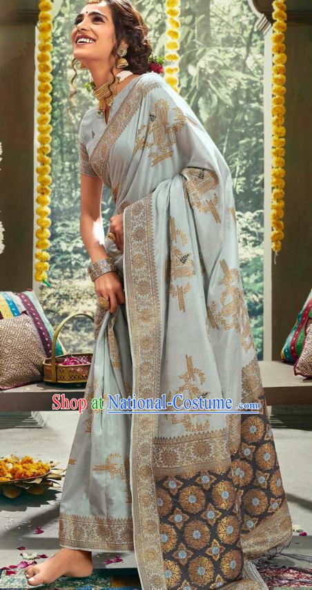 Asian India National Bollywood Gray Silk Saree Costumes Asia Indian Bride Traditional Blouse and Sari Dress for Women