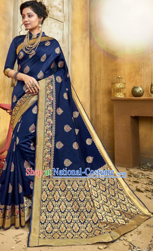 Asian India National Bollywood Deep Blue Silk Saree Costumes Asia Indian Princess Traditional Blouse and Sari Dress for Women