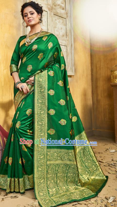 Asian India National Bollywood Dance Green Silk Saree Costumes Asia Indian Princess Traditional Blouse and Sari Dress for Women