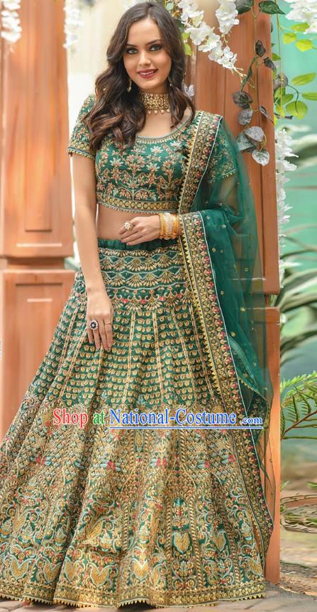 Asian India National Wedding Lehenga Costumes Asia Indian Bride Traditional Green Silk Blouse and Embroidered Skirt Sari for Women