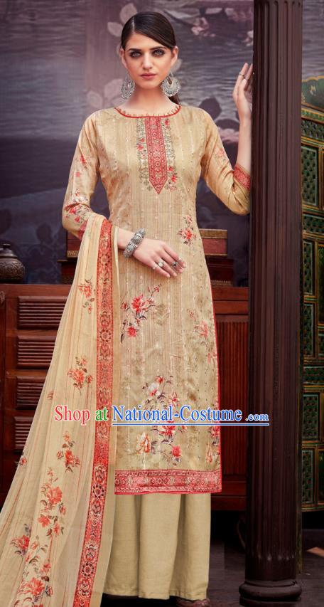 Asian India National Printing Punjab Costumes Asia Indian Traditional Dance Apricot Cotton Blouse and Loose Pants and Shawl Full Set