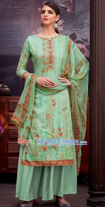 Asian India National Printing Punjab Costumes Asia Indian Traditional Dance Green Cotton Blouse and Loose Pants and Shawl Full Set