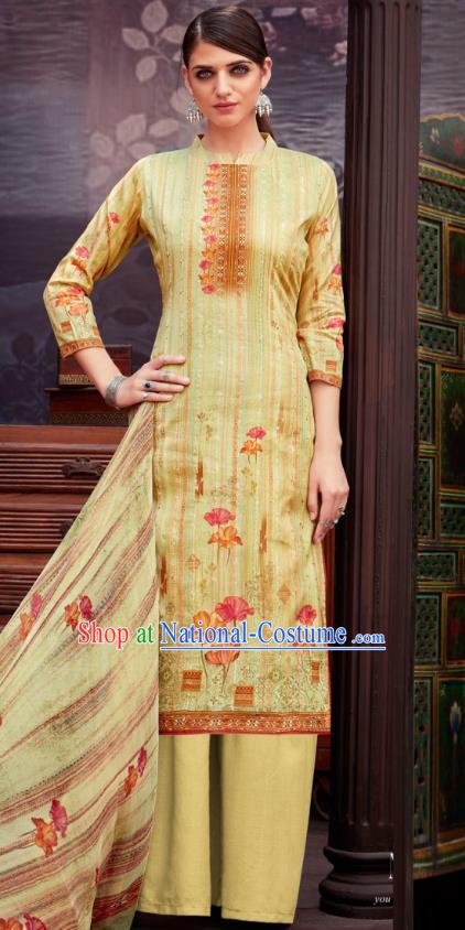 Asian India National Printing Punjab Costumes Asia Indian Traditional Dance Yellow Cotton Blouse and Loose Pants and Shawl Full Set