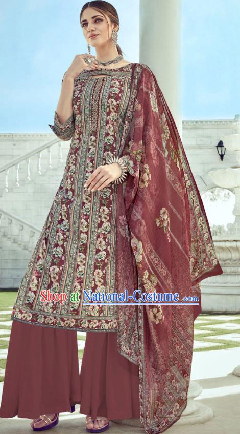 Asian India National Punjab Costumes Asia Indian Traditional Dance Embroidered Maroon Muslin Blouse and Loose Pants and Shawl Full Set