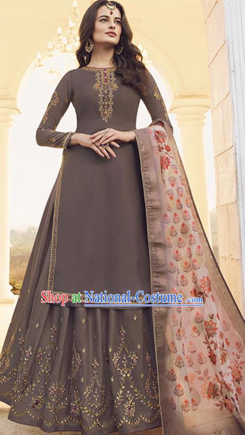 Asian India Court Punjab Costumes Asia Indian Traditional National Dance Embroidered Brown Satin Blouse and Skirt and Shawl Full Set