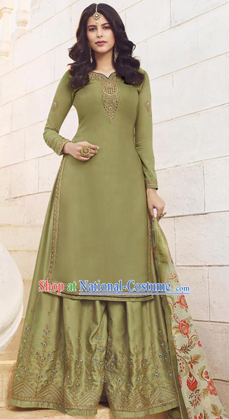 Asian India Court Punjab Costumes Asia Indian Traditional National Dance Embroidered Olive Green Satin Blouse and Skirt and Shawl Full Set