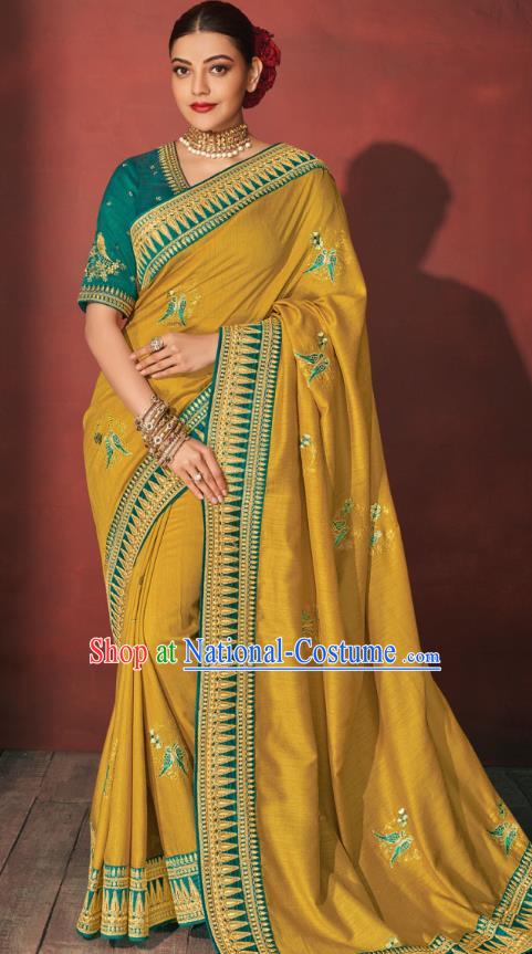 Asian India National Dance Yellow Silk Saree Asia Indian Traditional Costumes Court Princess Bollywood Blouse and Sari Dress for Women