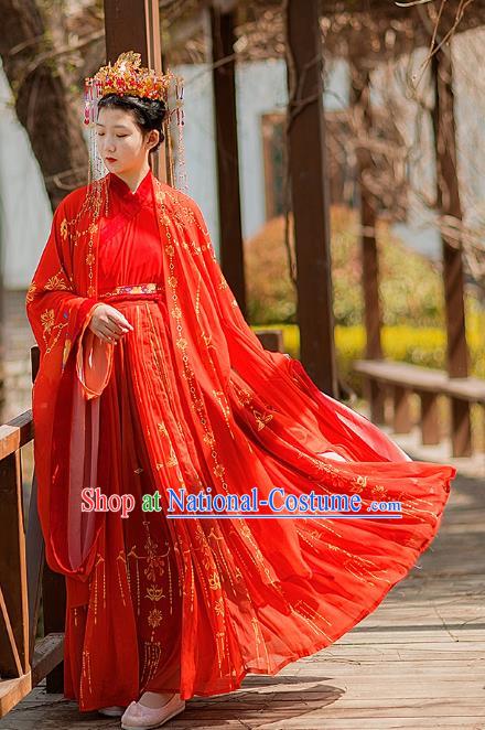 Traditional Chinese Jin Dynasty Wedding Historical Costumes Ancient Noble Princess Red Hanfu Dress Apparel Cloak and Blouse Skirt for Women