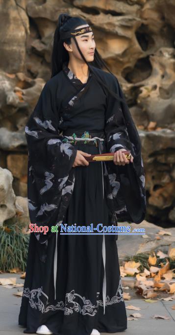 Traditional Chinese Jin Dynasty Scholar Historical Costumes Ancient Noble Childe Swordsman Black Hanfu Apparel for Men