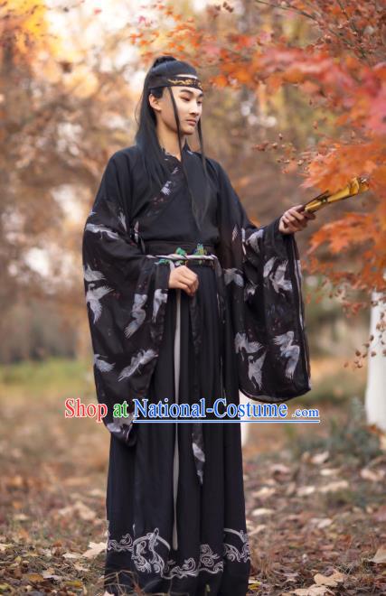 Traditional Chinese Jin Dynasty Scholar Historical Costumes Ancient Noble Childe Swordsman Black Hanfu Apparel for Men