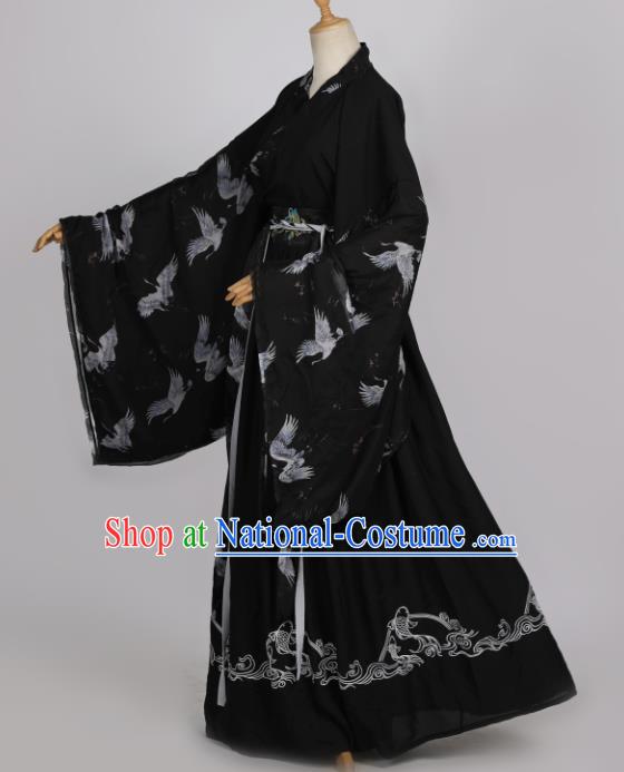 Traditional Chinese Jin Dynasty Scholar Historical Costumes Ancient Noble Childe Swordsman Black Hanfu Apparel for Men