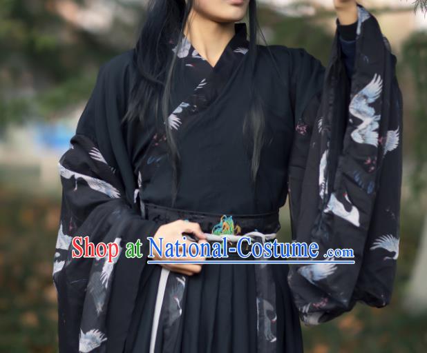 Traditional Chinese Jin Dynasty Scholar Historical Costumes Ancient Noble Childe Swordsman Black Hanfu Apparel for Men