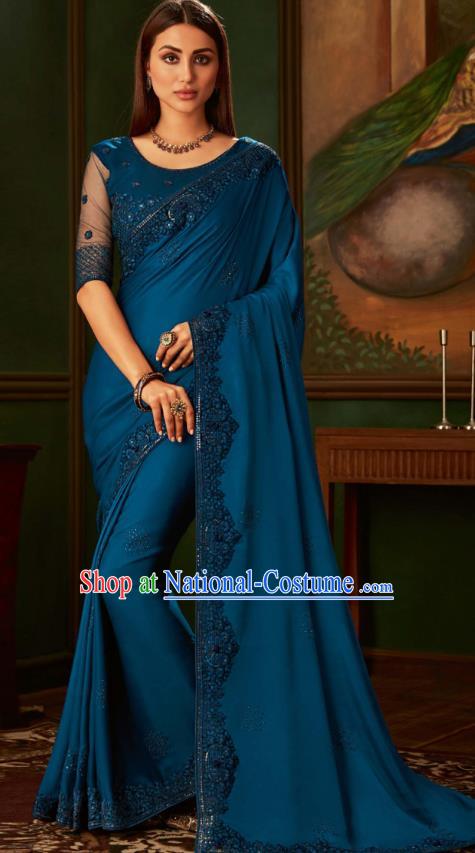 Asian India Bollywood Embroidered Deep Blue Crepe Saree Asia Indian National Festival Dance Costumes Traditional Court Woman Blouse and Sari Dress Full Set