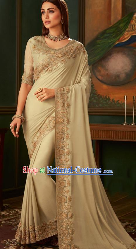 Asian India Bollywood Embroidered Apricot Crepe Saree Asia Indian National Festival Dance Costumes Traditional Court Woman Blouse and Sari Dress Full Set