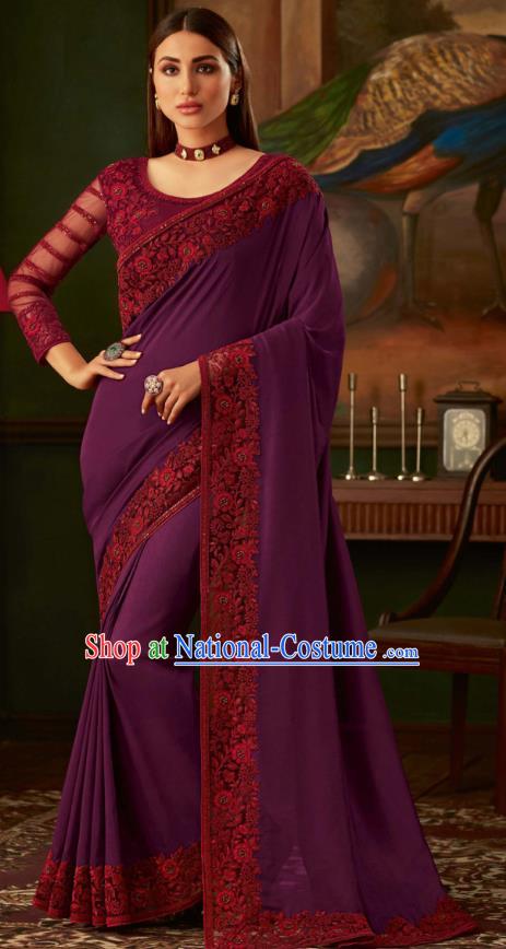 Asian India Bollywood Embroidered Purple Crepe Saree Asia Indian National Festival Dance Costumes Traditional Court Woman Blouse and Sari Dress Full Set