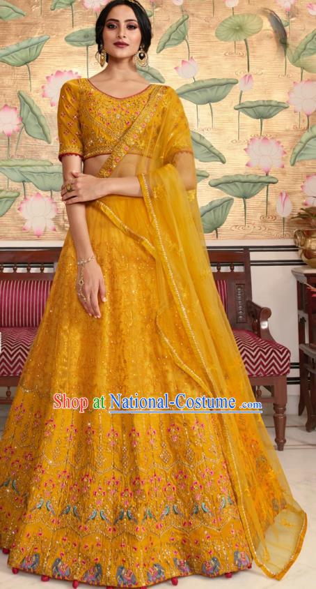 Asian India Wedding Yellow Silk Lehenga Costumes Asia Indian Traditional Festival Bride Embroidered Blouse and Skirt and Sari Complete Set