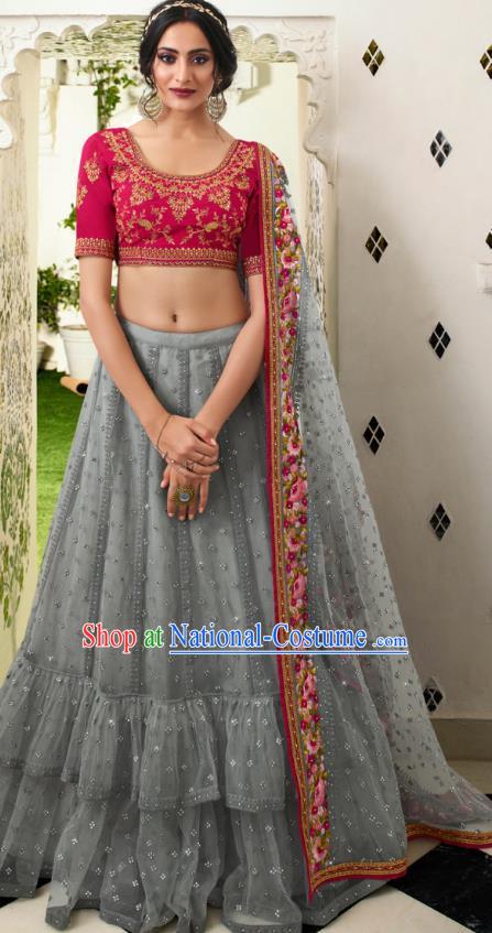 Asian India Wedding Silk Lehenga Costumes Asia Indian Traditional Festival Bride Embroidered Rosy Blouse and Gray Skirt and Sari Complete Set