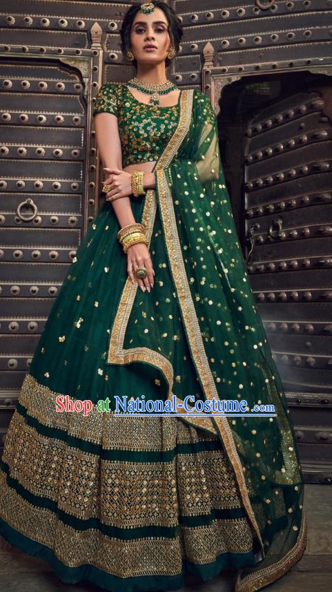 Top Asian India Wedding Lehenga Costumes Asia Indian Traditional Bride Embroidered Deep Green Blouse and Skirt and Sari Full Set