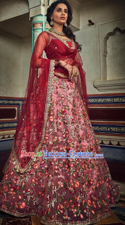 Top Asian India Wedding Lehenga Costumes Asia Indian Traditional Bride Embroidered Carmine Blouse and Skirt and Sari Full Set