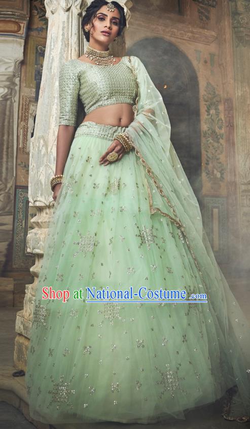 Top Asian India Wedding Lehenga Costumes Asia Indian Traditional Bride Embroidered Light Green Blouse and Skirt and Sari Full Set