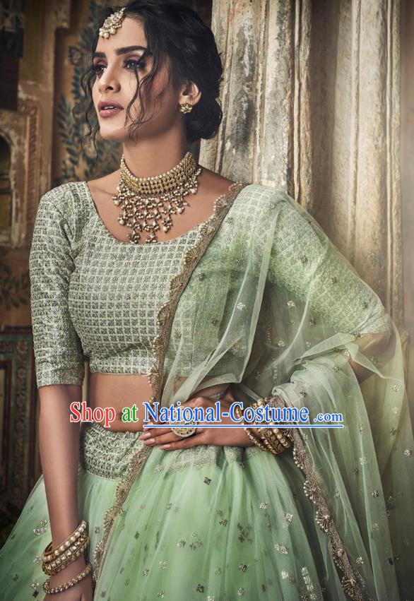 Top Asian India Wedding Lehenga Costumes Asia Indian Traditional Bride Embroidered Light Green Blouse and Skirt and Sari Full Set