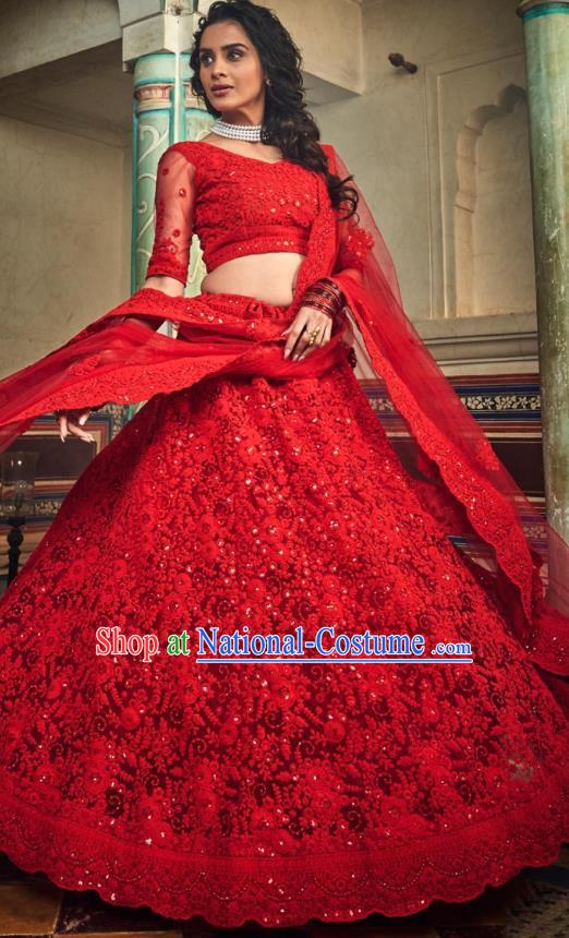 Top Asian India Wedding Lehenga Costumes Asia Indian Traditional Bride Embroidered Red Blouse and Skirt and Sari Full Set