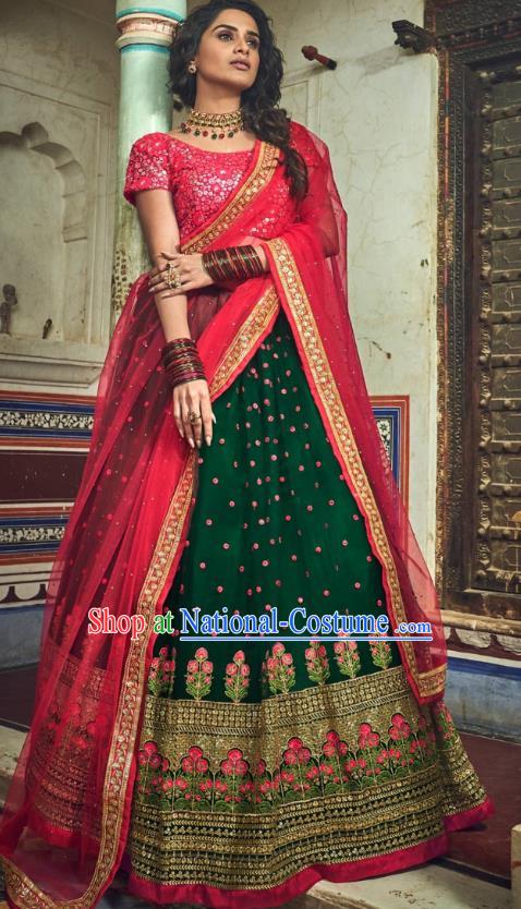 Top Asian India Wedding Lehenga Costumes Asia Indian Traditional Bride Embroidered Red Blouse and Green Skirt and Sari Full Set