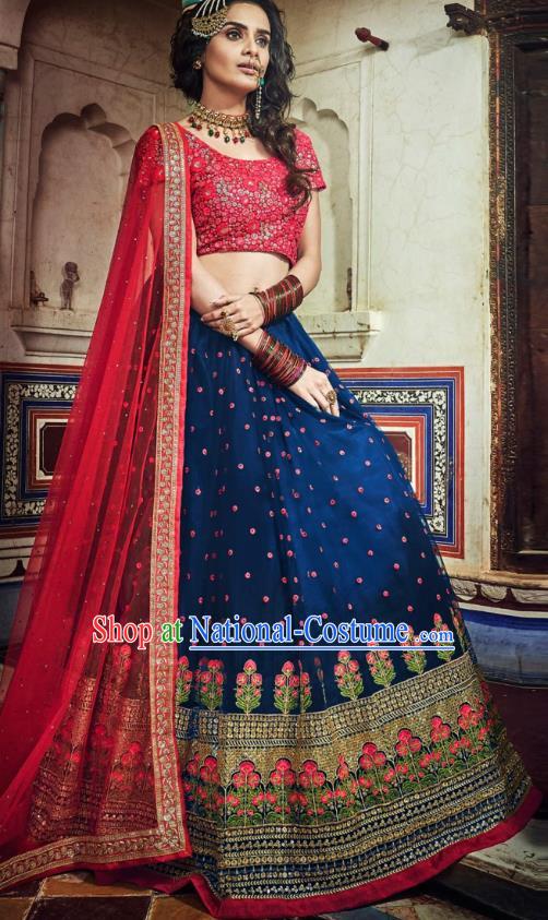 Top Asian India Wedding Lehenga Costumes Asia Indian Traditional Bride Embroidered Red Blouse and Navy Skirt and Sari Full Set