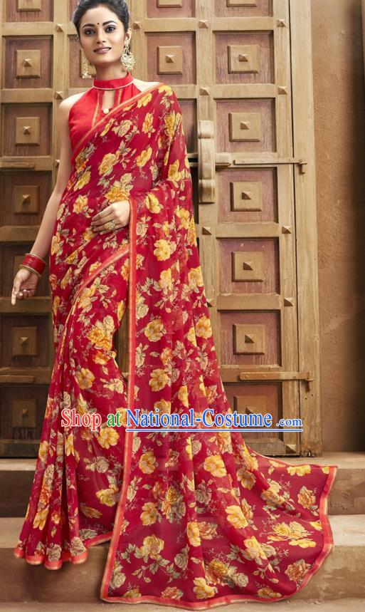 Asian India National Printing Red Georgette Saree Asia Indian Festival Dance Costumes Traditional Female Blouse and Sari Dress Full Set