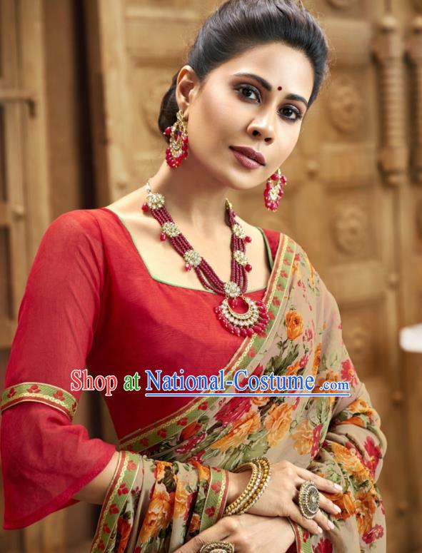 Asian India National Printing Light Brown Georgette Saree Asia Indian Festival Dance Costumes Traditional Female Blouse and Sari Dress Full Set