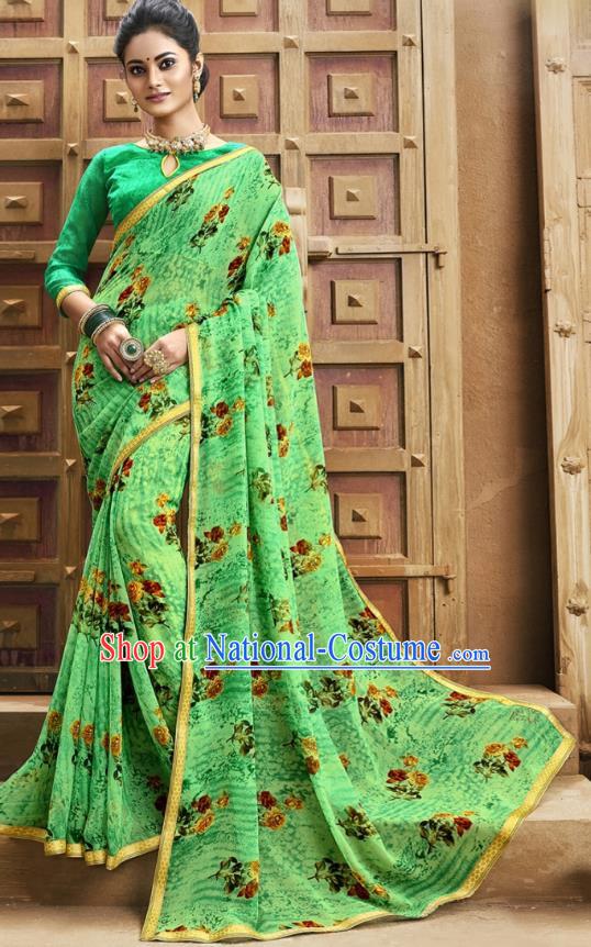 Asian India National Printing Green Georgette Saree Asia Indian Festival Dance Costumes Traditional Female Blouse and Sari Dress Full Set