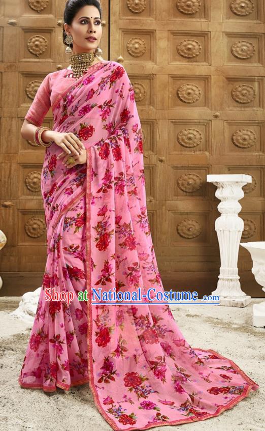 Asian India National Printing Pink Georgette Saree Asia Indian Festival Dance Costumes Traditional Female Blouse and Sari Dress Full Set