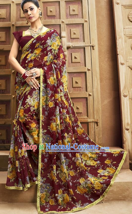 Asian India National Printing Maroon Georgette Saree Asia Indian Festival Dance Costumes Traditional Female Blouse and Sari Dress Full Set